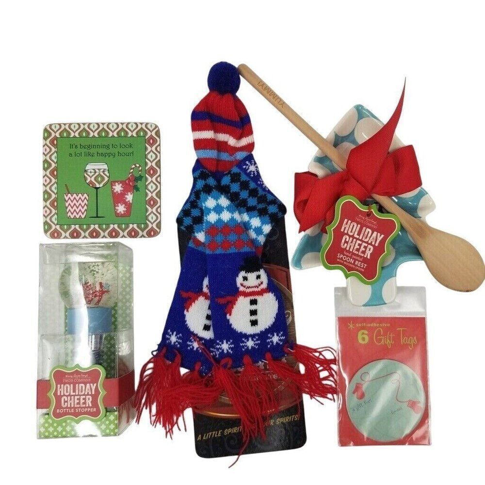 Christmas Wine Grab Gift Cheer Bottle Stopper Snow Globe Bottle Cover Tags Lot 5